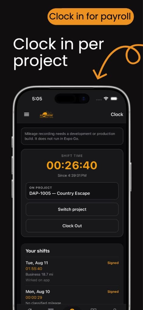 DAP Contracting app clock screen with an active shift on a project