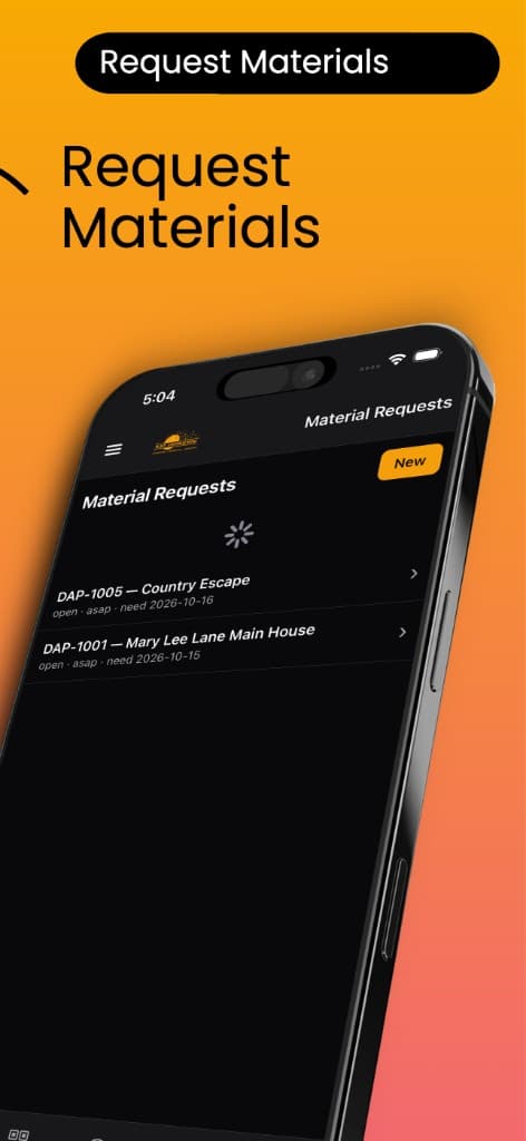 DAP Contracting app material requests list for active projects