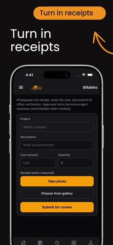 DAP Contracting app receipt form with project, cost, and photo upload