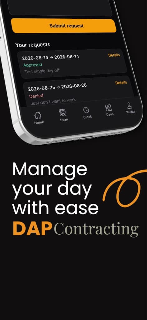 DAP Contracting app time-off requests with approved and denied statuses