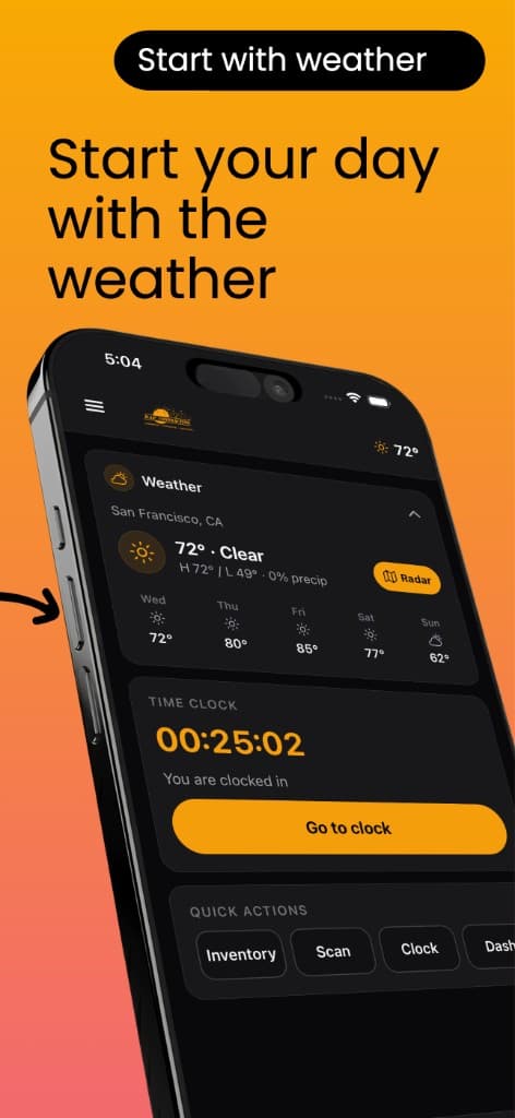 DAP Contracting app home screen showing weather, time clock, and quick actions